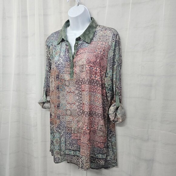 Smash! Green Pink Boho Sheer Tunic Blouse Roll Tab Hi-Low L - Picture 7 of 11